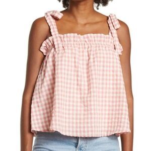 The Good Jane Shoulder Tie Shirred Picnic Blouse Sz M Pink & White Gingham NEW